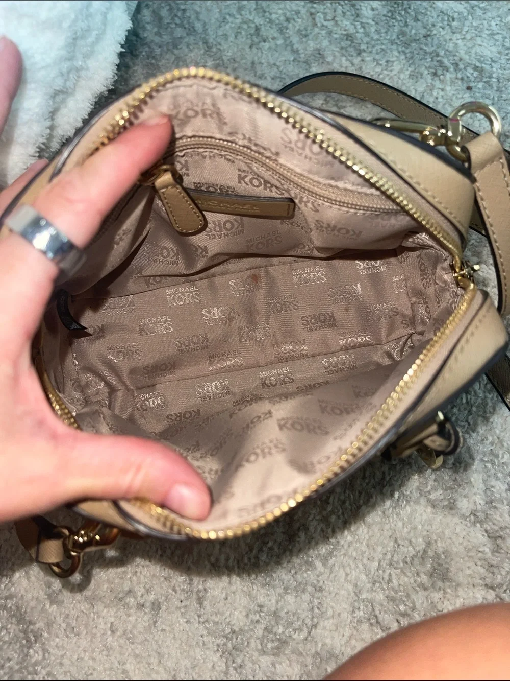 Michael Kors Saffiano Leather Satchel in Beige with Gold Hardware